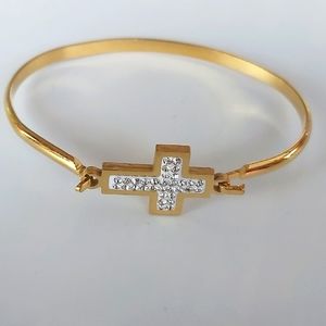CUFF BRACELET STAINLESS STEEL GOLD COLOR WITH MIDDLE PIECE CROSS / CRYSTALS